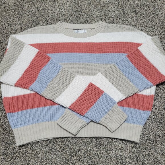 Hollister Chunky Knit Cropped Crewneck Sweater Striped Multi-Color Size Xsmall - Picture 1 of 13